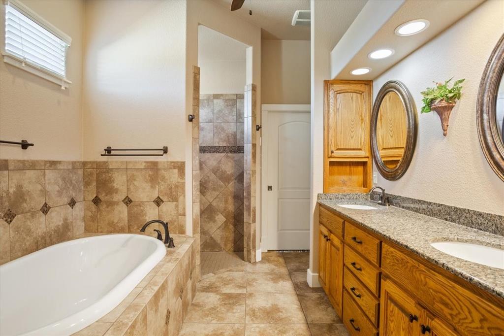 10479 Hartrick Bluff Road Little River-Academy, TX 76554 - Photo 22 of 40 a bathroom with a granite countertop tub a sink and a large mirror