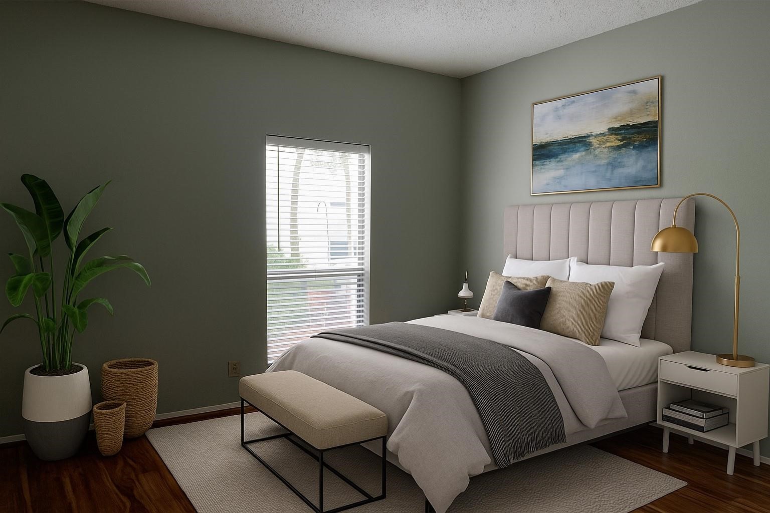 This cozy bedroom features a soft grey-green wall with a large window allowing natural light. It includes a stylish bed with a tufted headboard, modern side tables, a sleek floor lamp, and tasteful decor, creating a serene and inviting atmosphere.