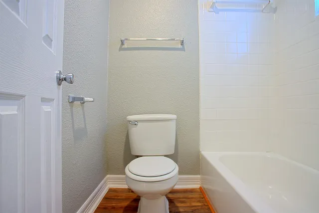 a bathroom with a toilet and a bathtub