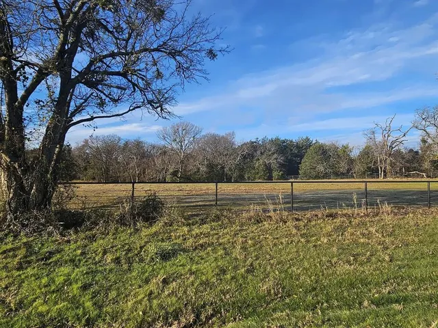 a view of a field with trees in the background