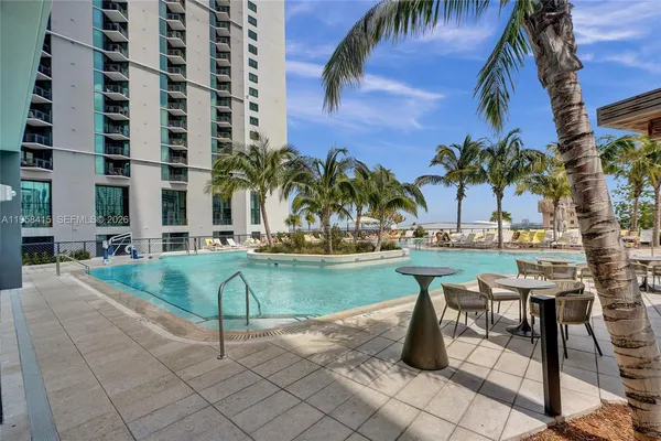 a view of a swimming pool with chairs
