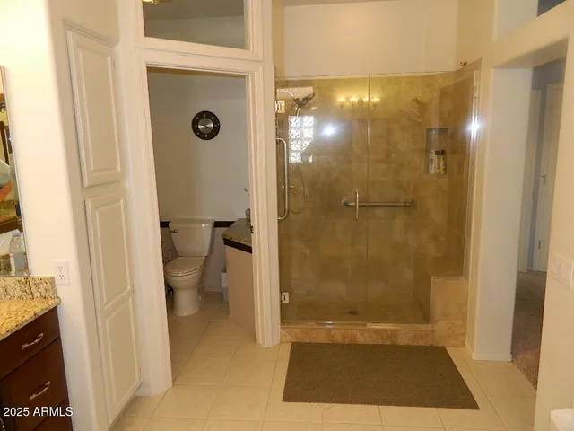 a bathroom with a shower and a toilet