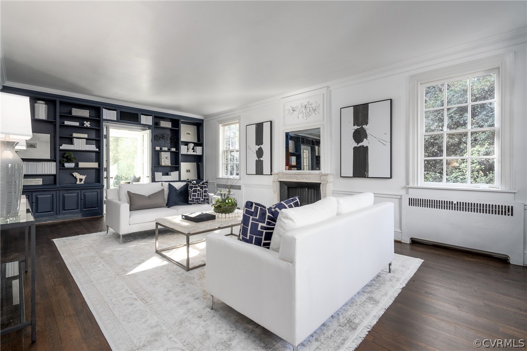 9 River Road Richmond, VA 23226 - Photo 6 of 46 Living Room. Hardwood, Built-Ins, Marble Fireplace