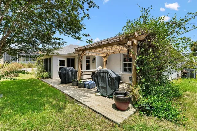 a view of a backyard with potted plants and a large tree