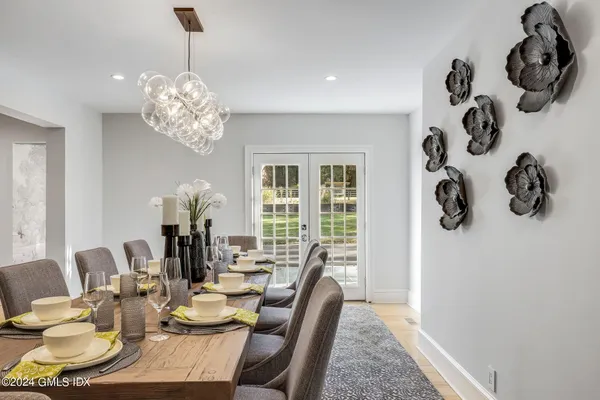 a view of a dining room with furniture