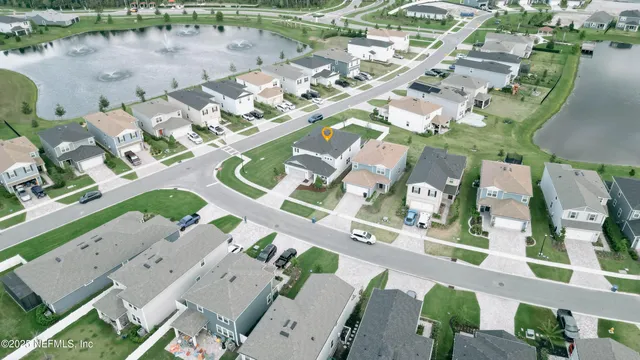 an aerial view of a swimming pool