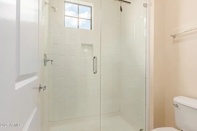 a bathroom with a shower and toilet