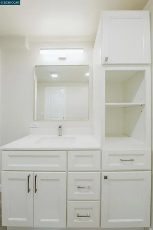 a bathroom with a sink vanity and a mirror