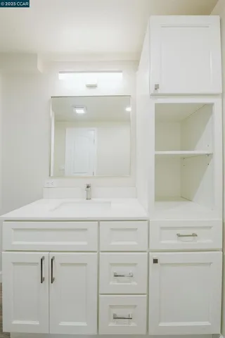 a bathroom with a sink vanity and a mirror