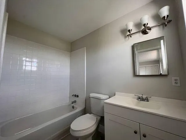 a bathroom with a toilet a sink a mirror and a bathtub