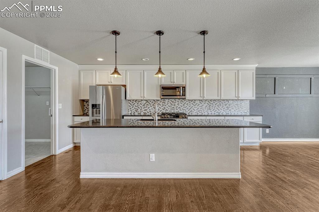 8437 Salt Brush Road Colorado Springs, CO 80908 - Photo 15 of 45 Bring your passion for cooking to life in this exceptional kitchen, boasting premium stainless steel appliances, elegant wood floors, a practical kitchen island with sink, sophisticated white cabinetry, and a stunning decorative backsplash that completes the look.