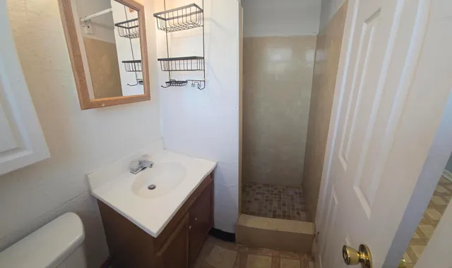 a bathroom with a sink a mirror and shower