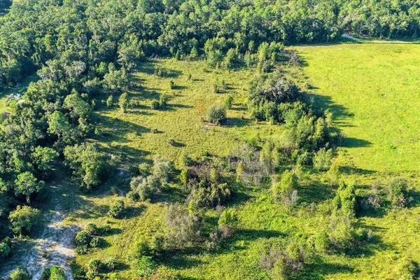 an aerial view of residential houses with outdoor space and trees