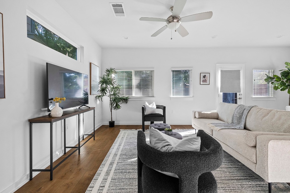 6800 Menchaca Road, Unit 22 Austin, TX 78745 - Photo 3 of 28 Living room featuring dark wood-type flooring and ceiling fan