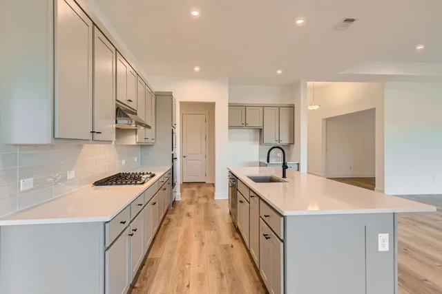a kitchen with a sink a stove and cabinets