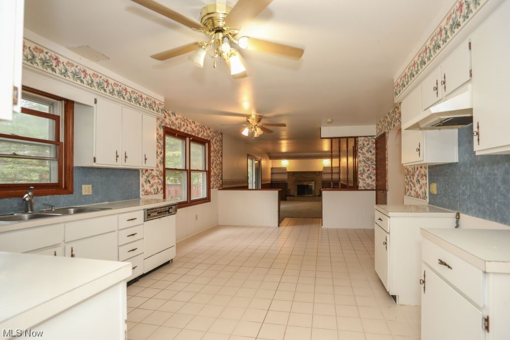 3143 Sandy Lake Road Ravenna, OH 44266 - Photo 24 of 35 Kitchen featuring washbasin, ceiling fan, countertops light, white dishwasher, and white cabinetry