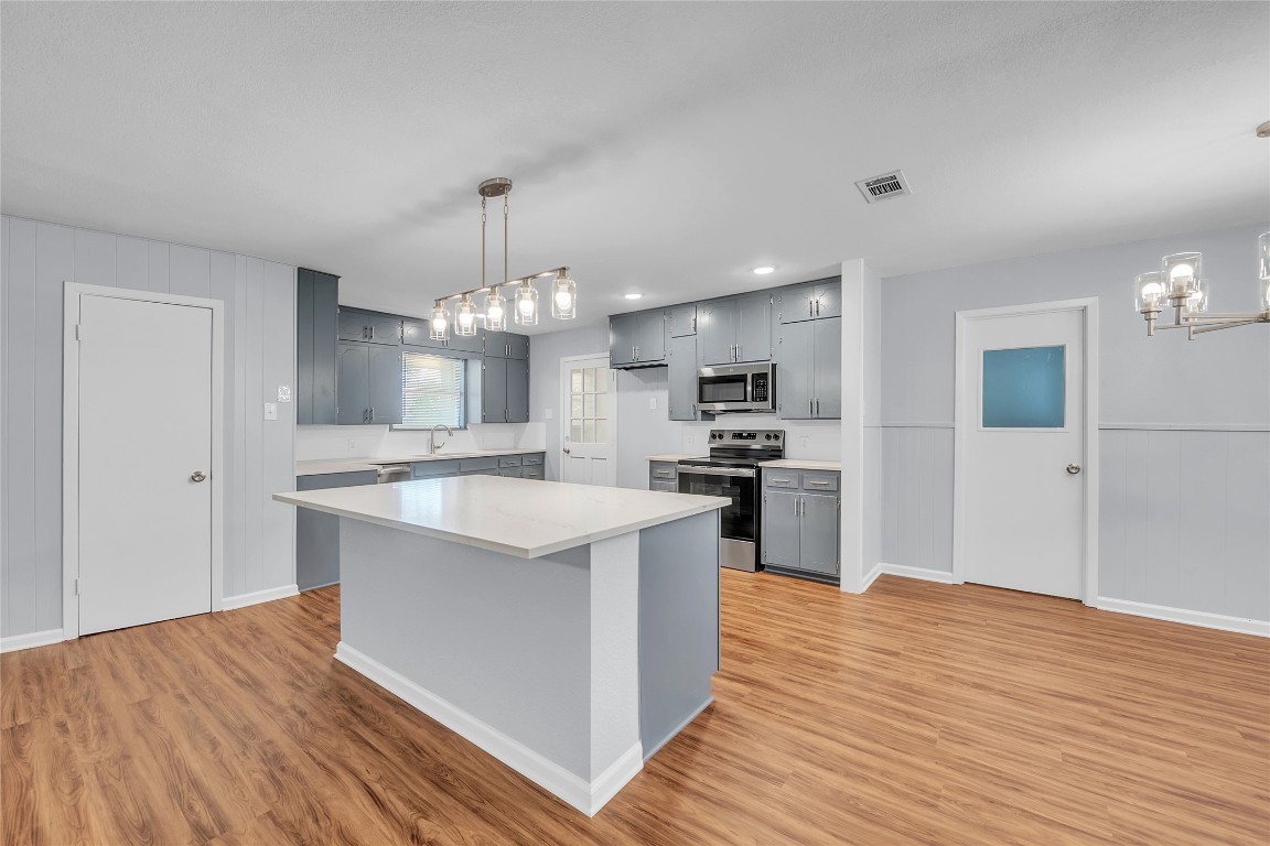 310 Hruskaville Road Temple, TX 76501 - Photo 8 of 21 Kitchen featuring a chandelier, decorative light fixtures, appliances with stainless steel finishes, gray cabinetry, and a wainscoted wall