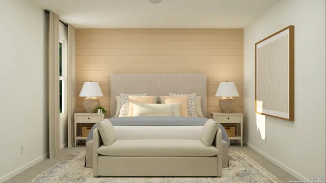 a living room with furniture and a lamp