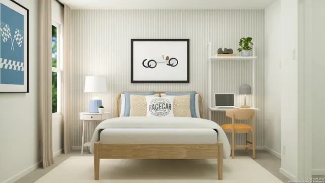 a bedroom with a bed and a table in it