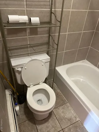 a bathroom with a toilet and a bathtub