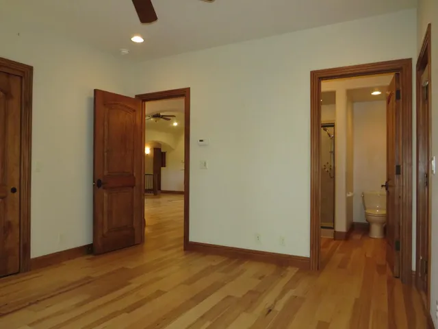 a view of a yard with plants and trees