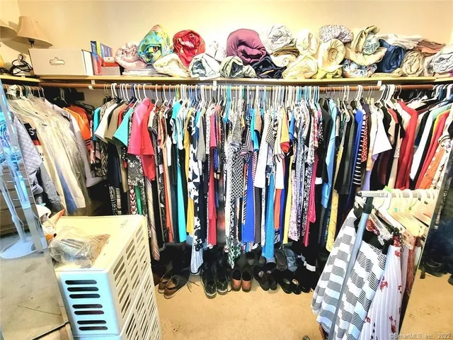 a view of walk in closet with clothes