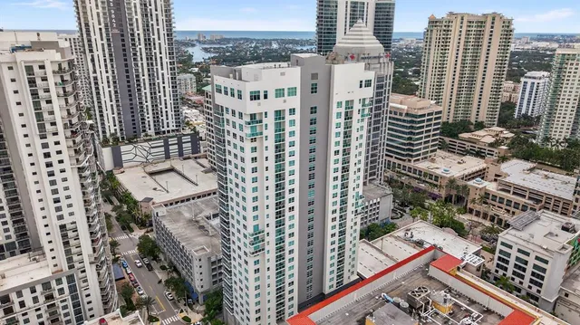 a city view with tall buildings