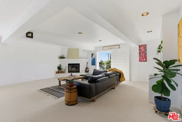 a living room with furniture a fireplace and a potted plant