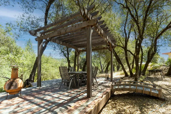 a view of a house with garden and sitting area