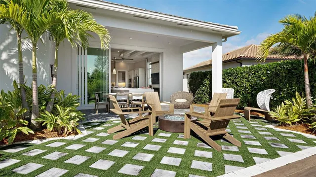 a building outdoor space with patio furniture