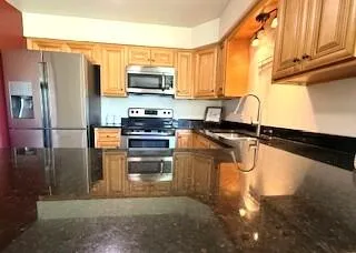a kitchen with stainless steel appliances granite countertop a sink a stove and a refrigerator