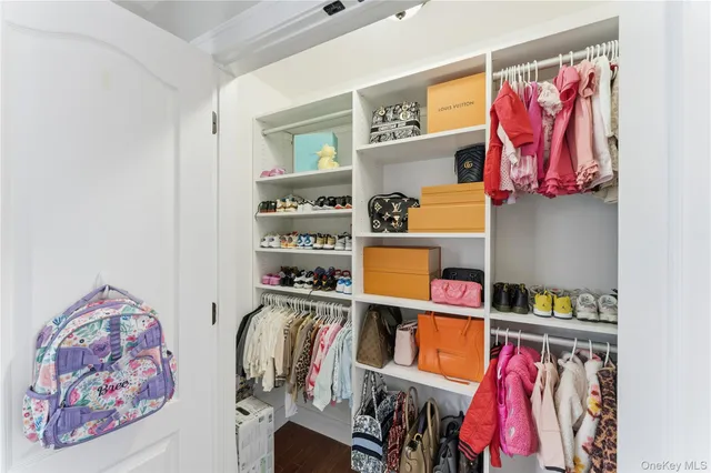 a view of walk in closet with clothes and shoes