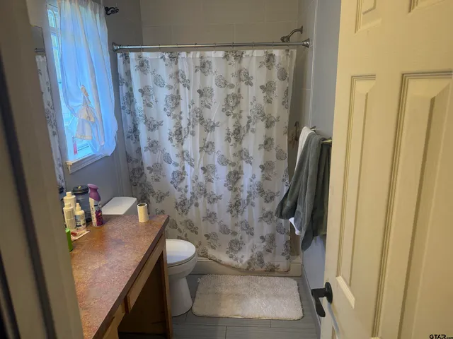 a bathroom with a granite countertop sink a toilet and a shower
