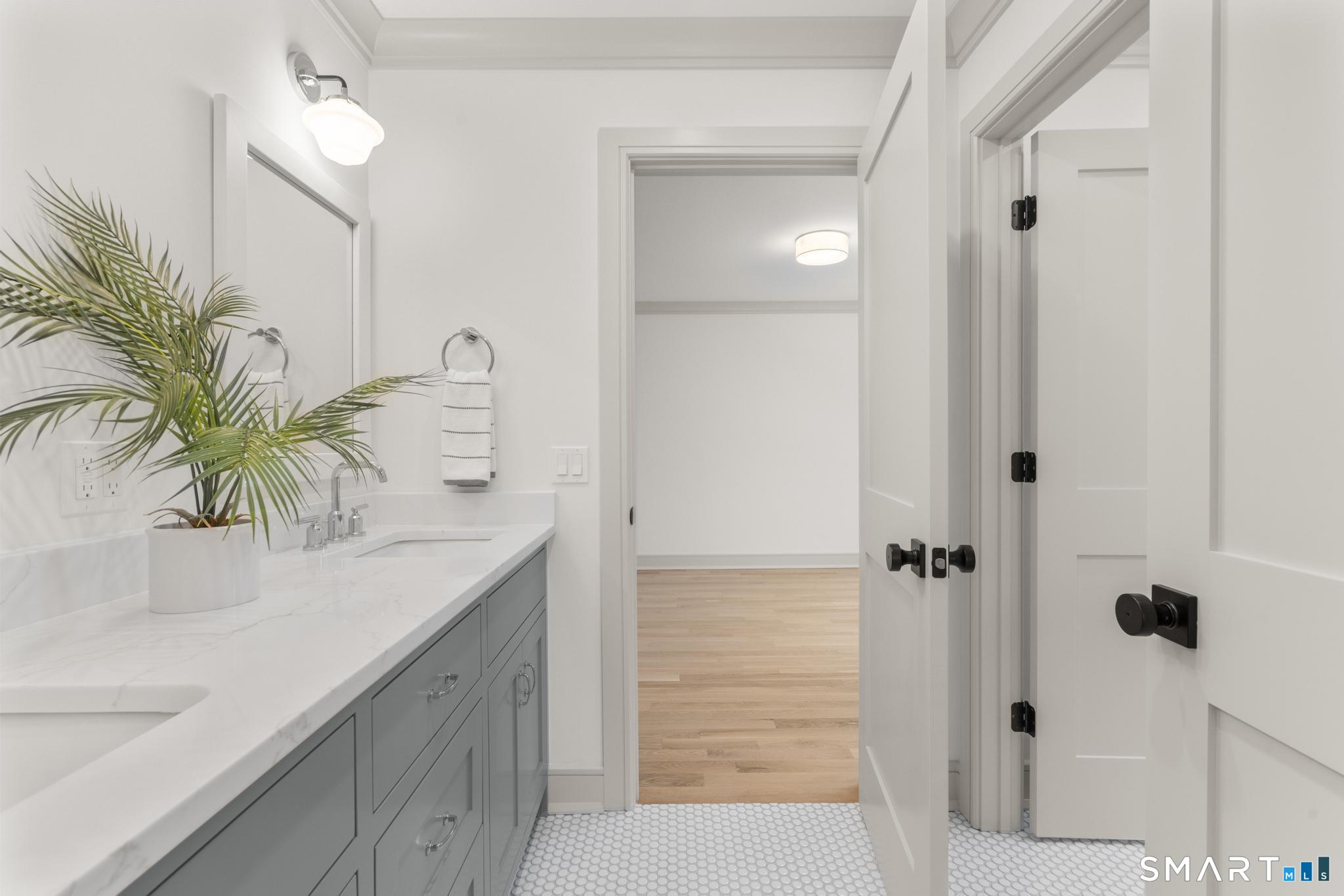 204 Glen Ridge Road Fairfield, CT 06825 - Photo 37 of 45 a bathroom with a granite countertop sink a mirror a potted plant and shower