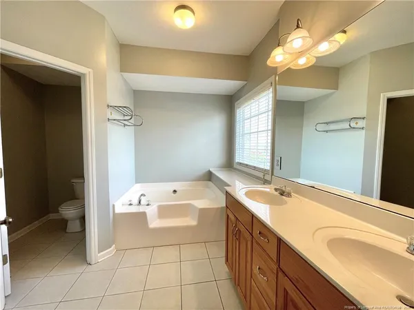 a bathroom with a tub a double vanity sink and a mirror
