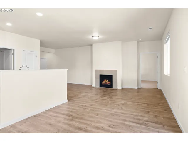 a view of empty room with wooden floor and fireplace