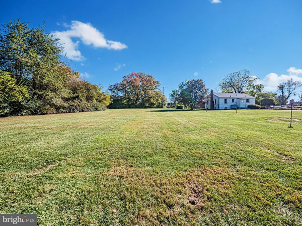a view of yard with outdoor seating and large trees
