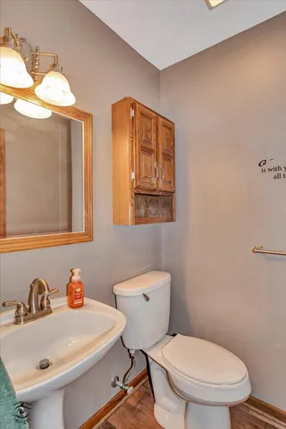 a bathroom with a toilet a sink and mirror
