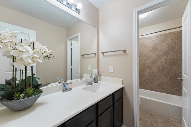 a bathroom with a sink vanity and a mirror