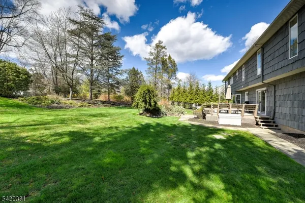 a view of a park with large trees
