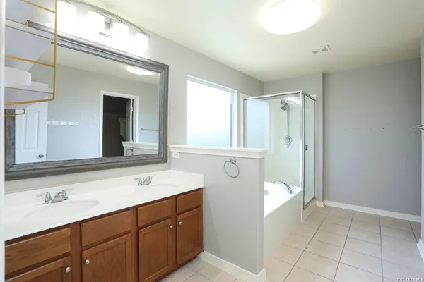 a bathroom with a sink a mirror and a shower