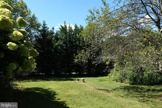 a yard with a house and trees in the background