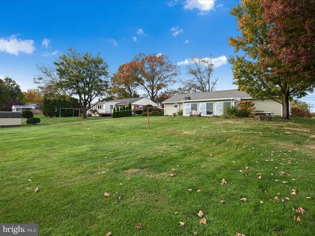 a view of a yard with a house in the background