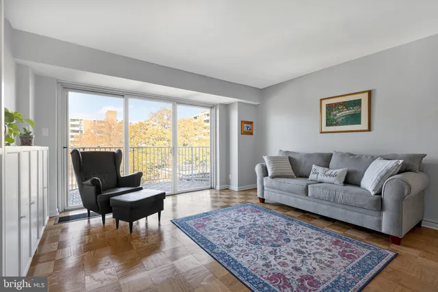 a living room with furniture and a rug