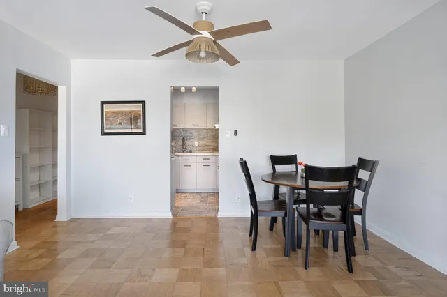 a view of a dining room with furniture