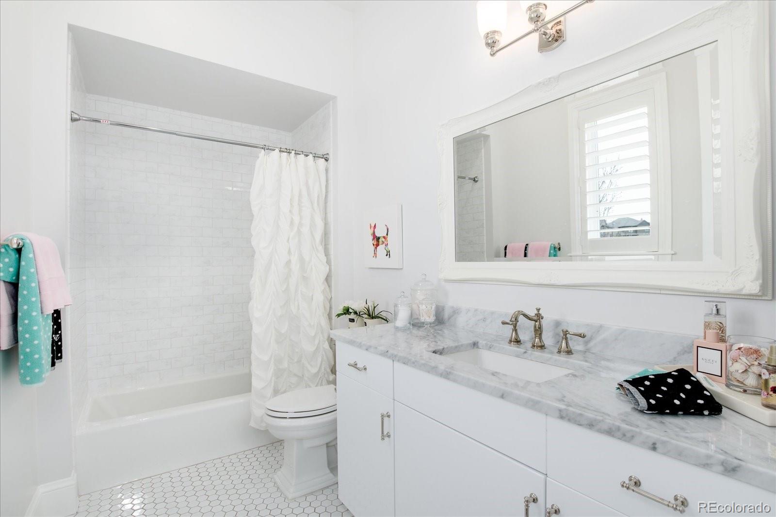 10890 Rainribbon Road Highlands Ranch, CO 80126 - Photo 24 of 40 a bathroom with a granite countertop sink toilet a mirror and shower