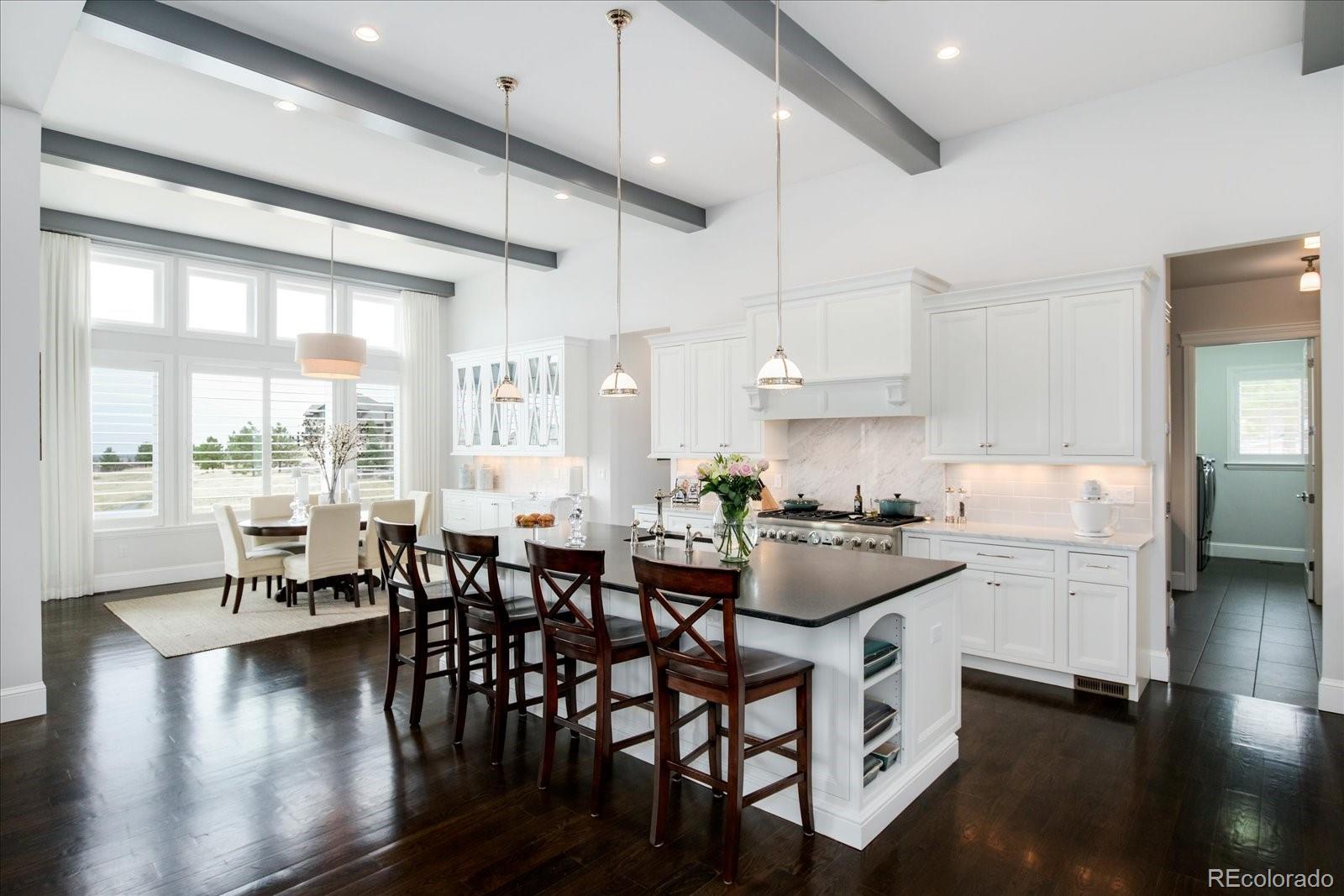 10890 Rainribbon Road Highlands Ranch, CO 80126 - Photo 8 of 40 an open kitchen with granite countertop a stove a sink a dining table and chairs with wooden floor