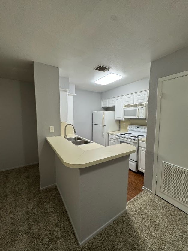 1305 West Villa Maria Road, Unit C107 Bryan, TX 77801 - Photo 12 of 19 Kitchen featuring light countertops, dark carpet, white appliances, a peninsula, and a textured ceiling