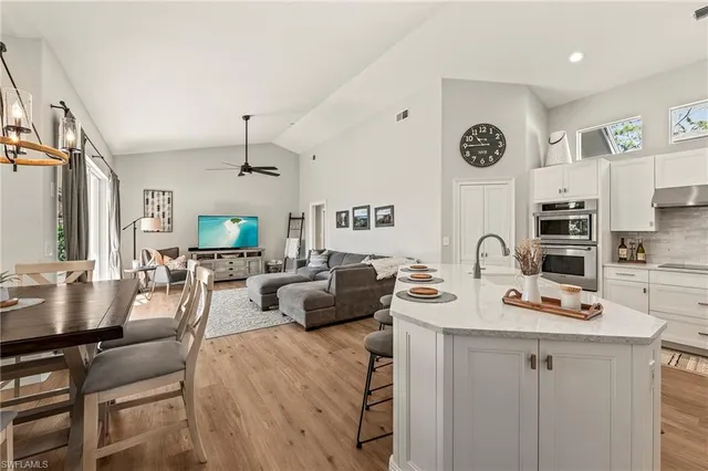a view of a dining room with furniture