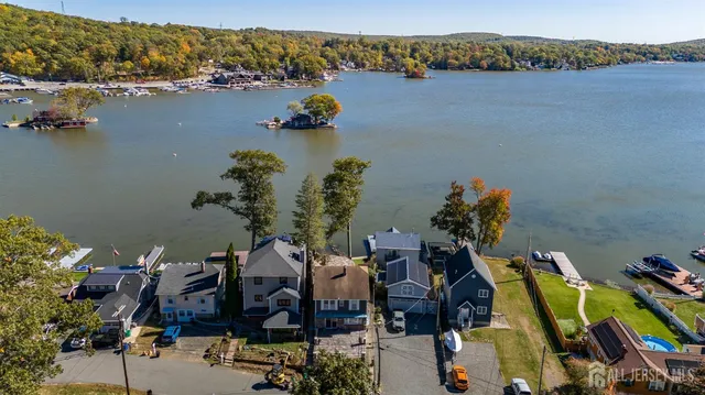 an aerial view of a house with a yard and large trees